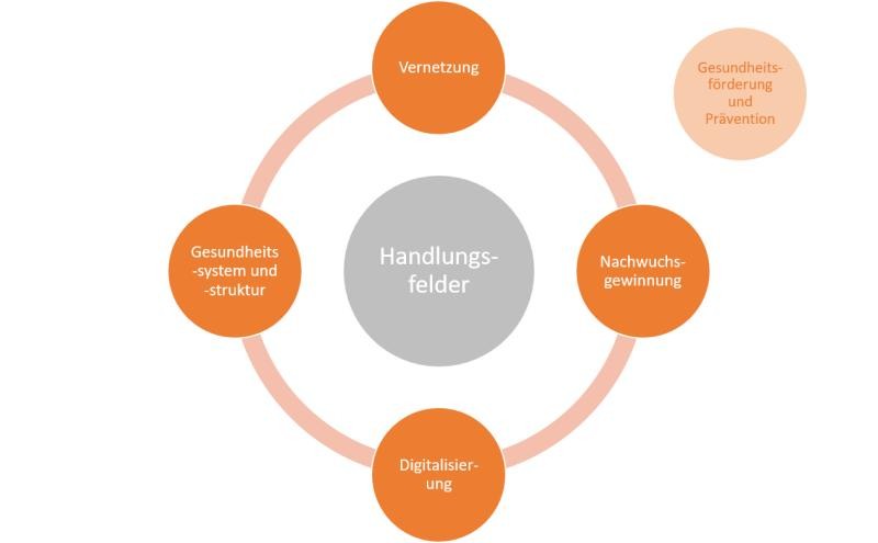 Gesundheitsförderung und Prävention Handlungsfelder - eine Infografik mit den vier genannten Handlungsfeldern