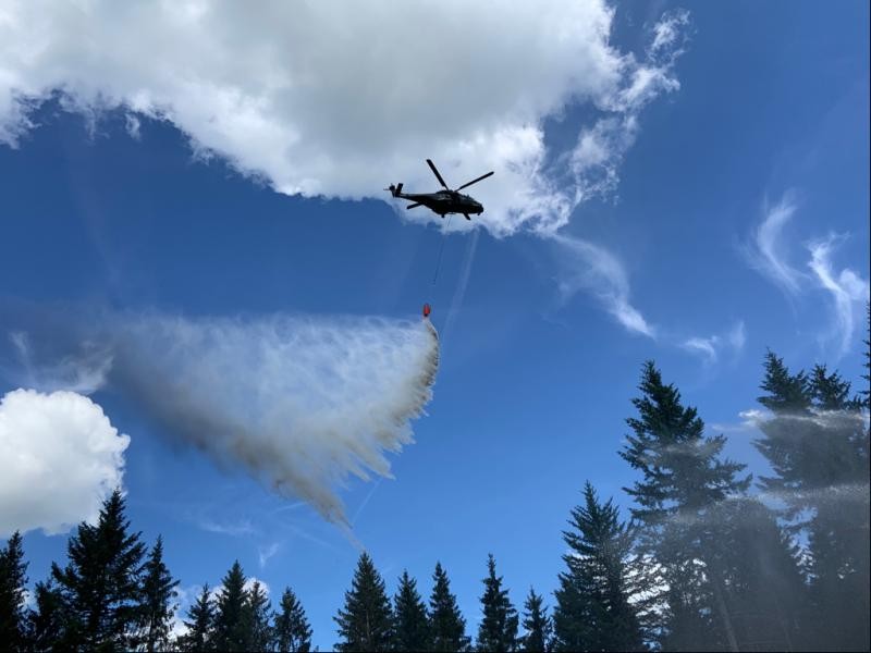 Ein Hubschrauber wirft Löschwasser über einem Wald ab. Es herrscht sommerliches Wetter mit einzelnen Quellwolken am Himmel.