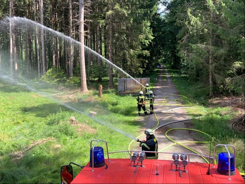 Menschen halten Feuerwehrschläuche in Richtung einer Wiese und löschen mit Wasser. Im Hintergrund Bäume.