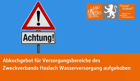 Warndreieck mit Ausrufezeichen und dem Schild Achtung. Text im Bild: Warnung vor Verunreinigung des Trinkwassers in Teilen des Landkreises Ravensburg
