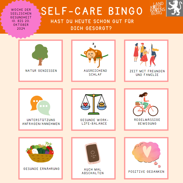 SELF-CARE BINGO Auf diesem Bild sind 9 Bingo-Felder mit verschiedenen Aktivitäten abgebildet, die Menschen für ein positives seelisches Wohlbefinden umsetzen können.