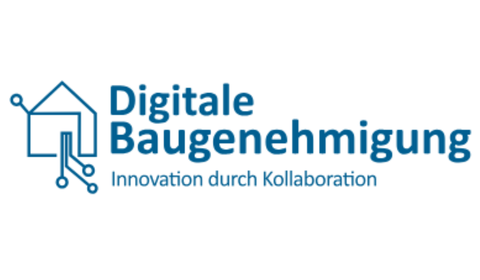 Digitales Bauamt Text im Bild neben einer einfachen Hausgrafik mit Schaltkreis-Schnittstellen: Digitale Baugenehmigung. Innovation durch Kollaboration